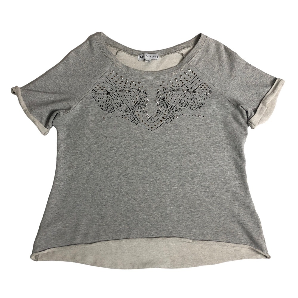 Black Rivet Top Women L Gray Sweater Studded High Low Raw Hem Grunge Alt Western